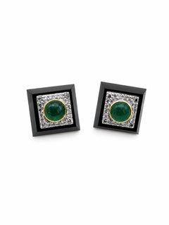 Natural Emerald, Black Onyx, & Diamond Earring in 14k Gold