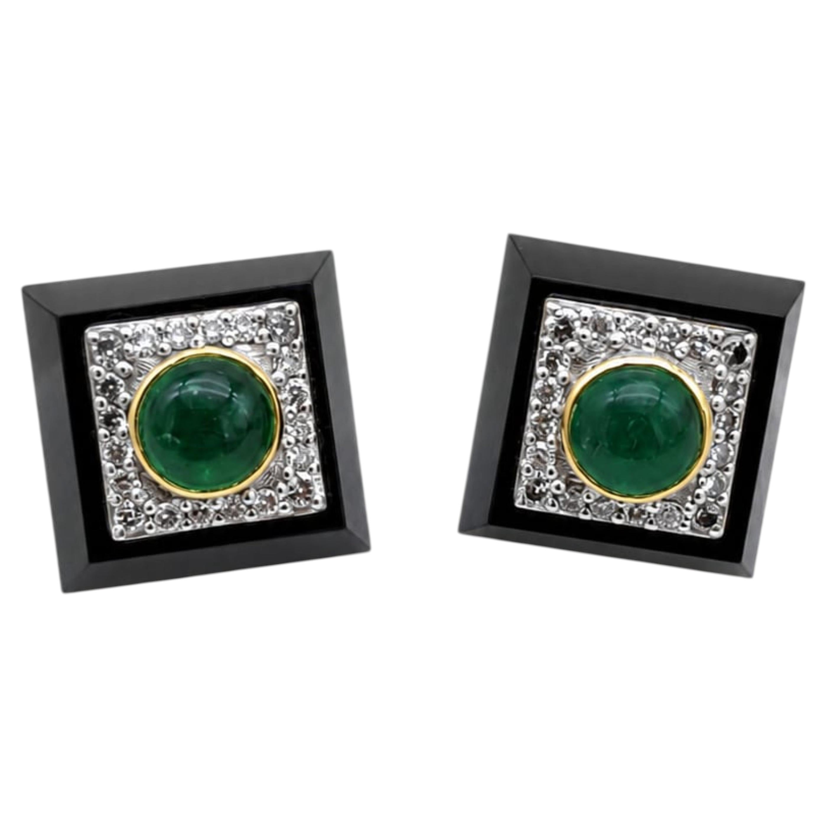 Designer 14K Gold Emerald, Black Onyx & Diamond Stud Earrings For Sale