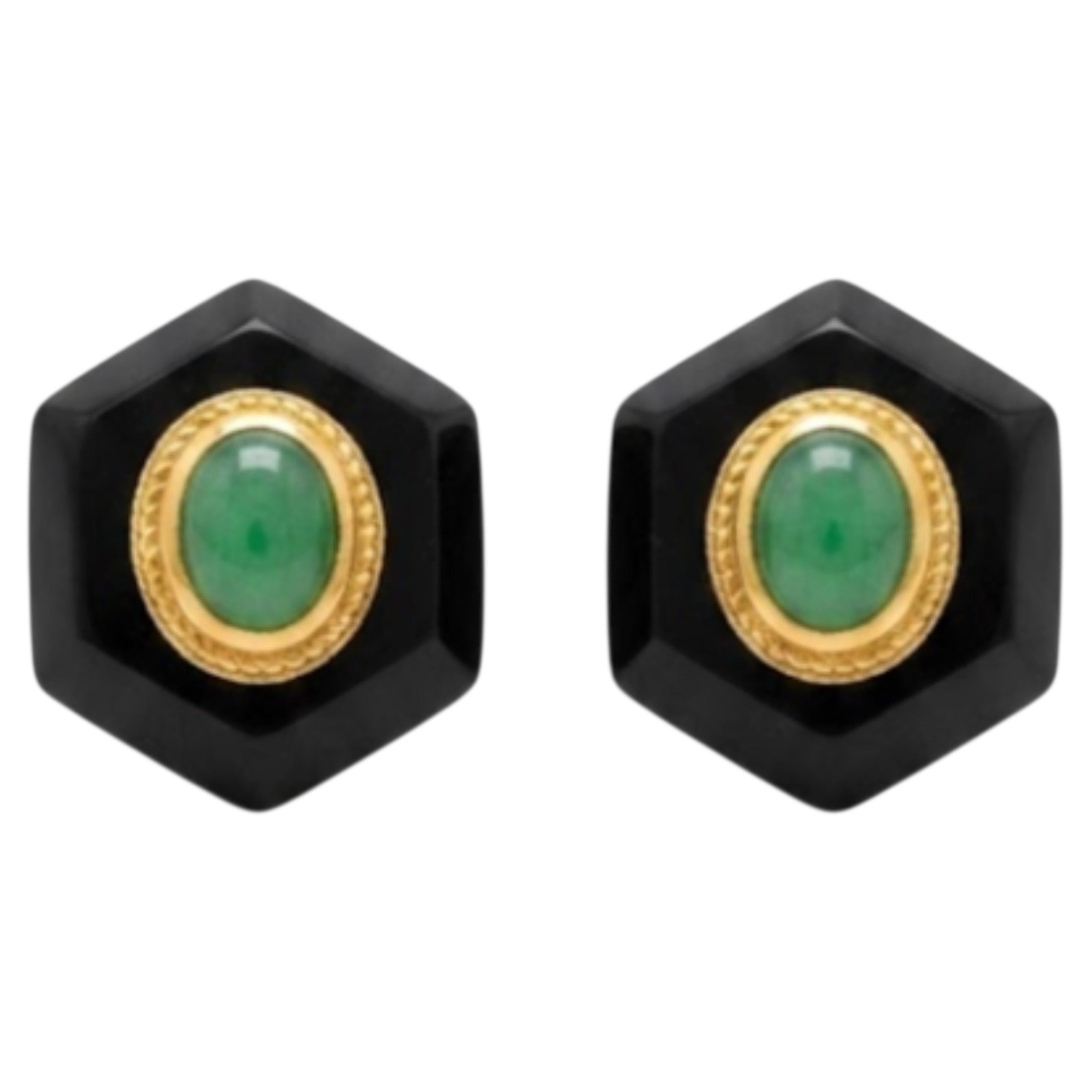 Emerald 0.66ct & Black Onyx 14K Gold Stud Earrings, Designer Made