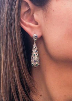 Natural Emerald, Blue sapphire & Diamond Earring in 9k Gold