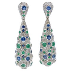 Natural Emerald, Blue sapphire & Diamond Earring in 9k Gold