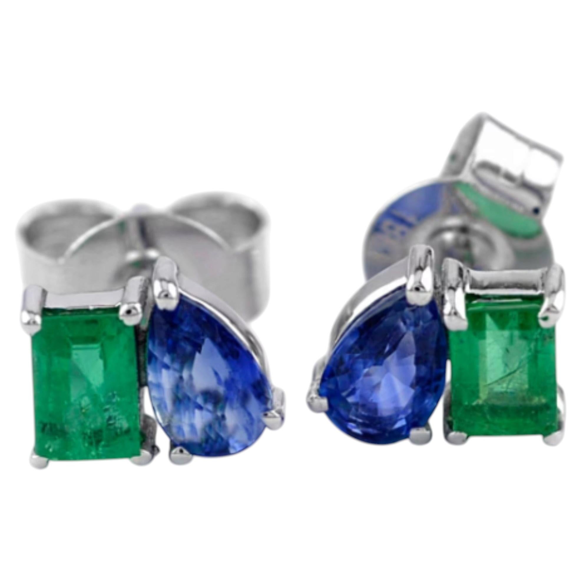 14K Gold Emerald & Blue Sapphire Stud Earrings, New
