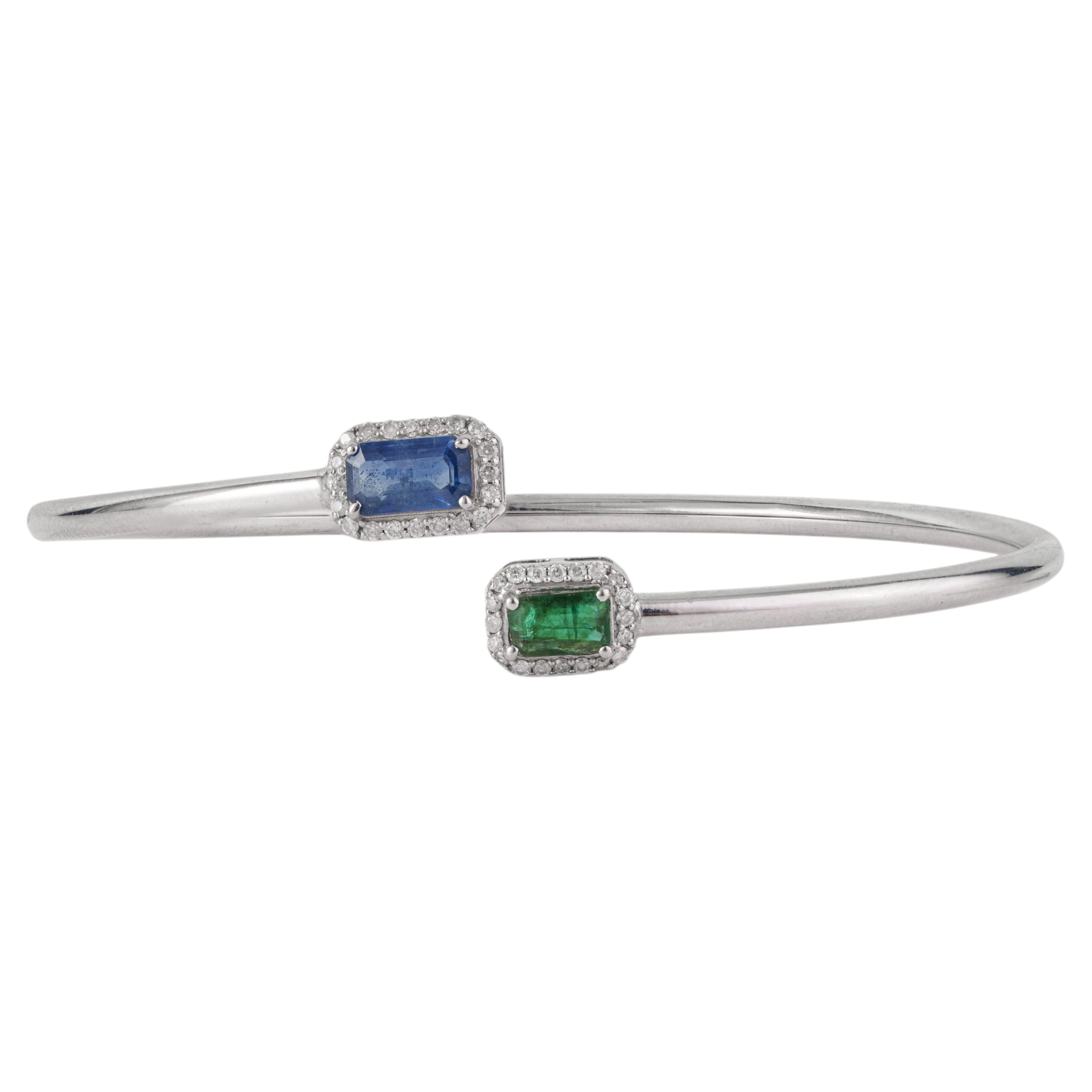 Natural Emerald, Blue Sapphire & Halo Diamond Open Cuff Bracelet in 925 Sliver For Sale