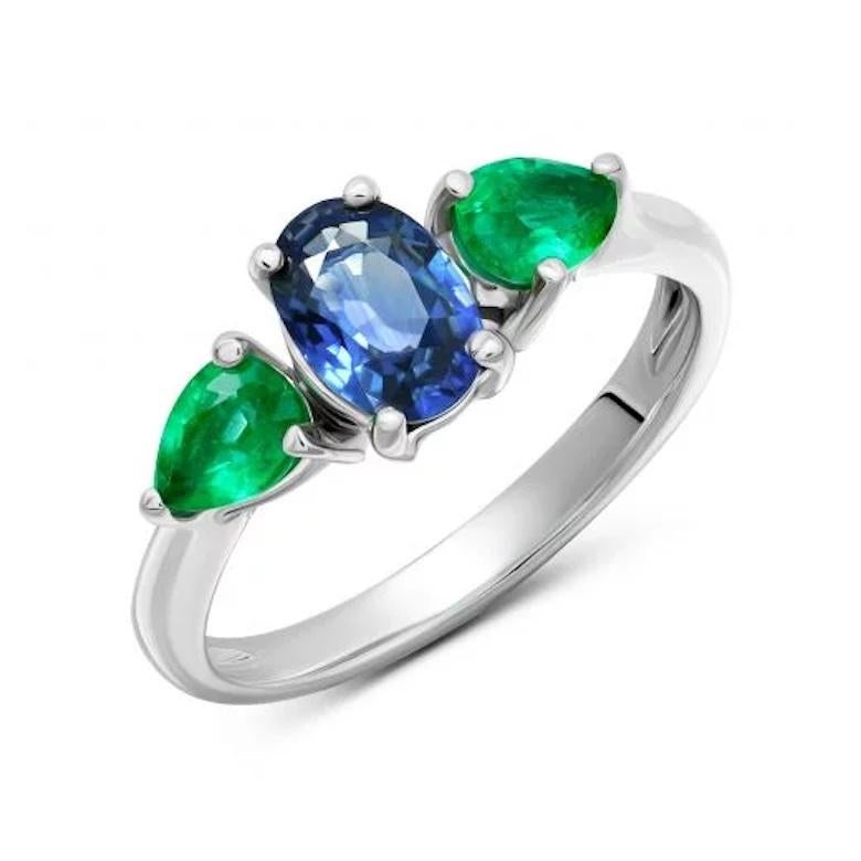 Modern Natural Emerald Blue Sapphire White 14k Gold Ring for Her For Sale