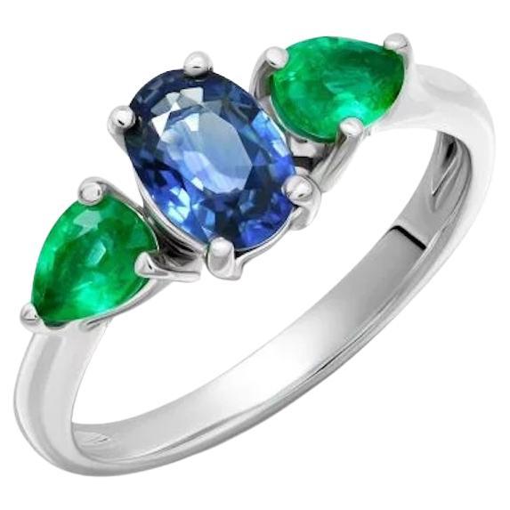 Natural Emerald Blue Sapphire White 14k Gold Ring for Her For Sale