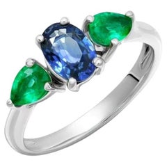 Natural Emerald Blue Sapphire White 14k Gold Ring for Her
