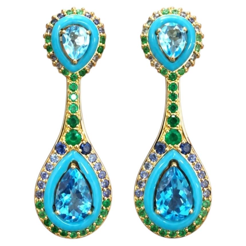 18k Yellow Gold Double-Teardrop Earrings with Blue Topaz & Turquoise For Sale