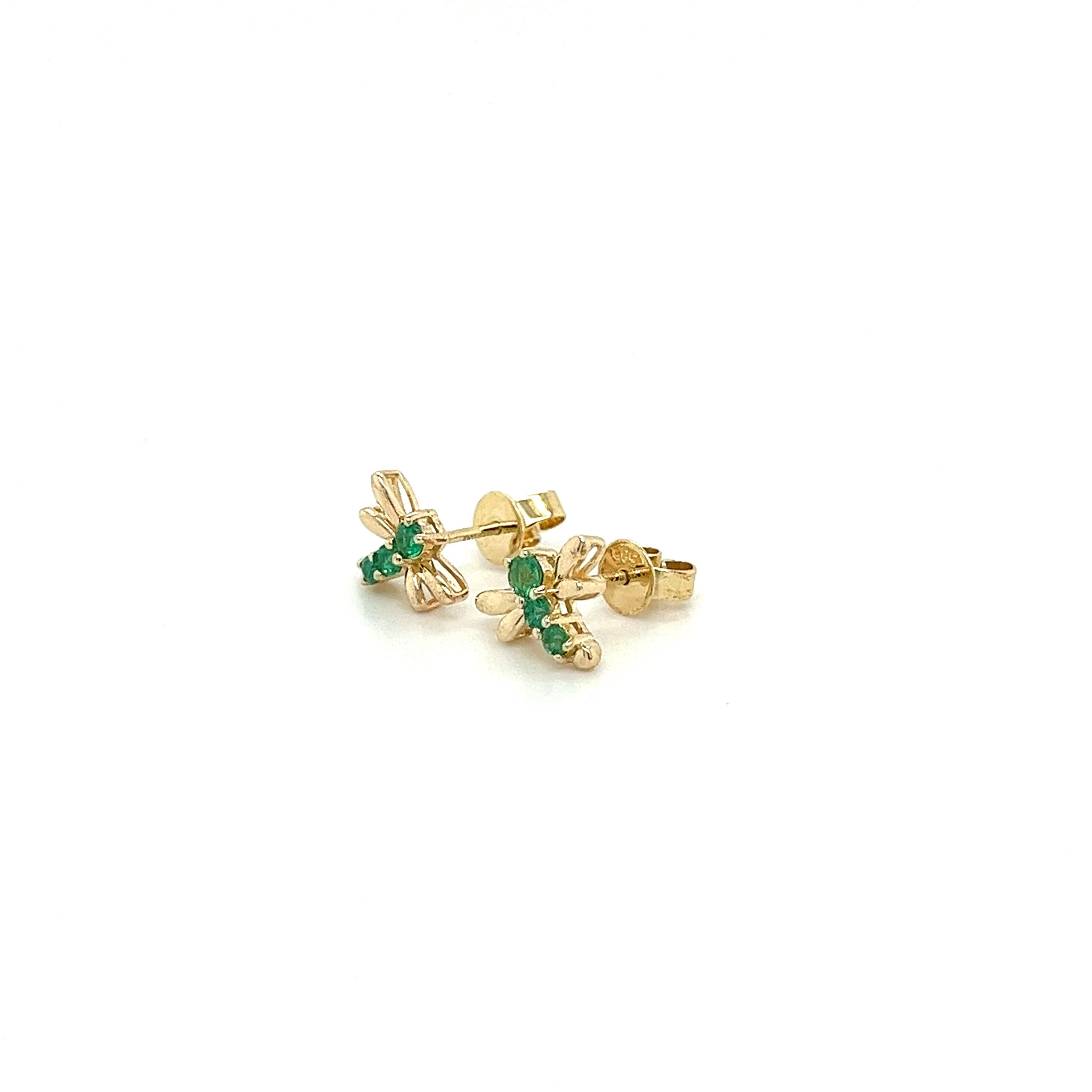 Natural emerald Dragonfly stud earrings set in 14-karat solid gold. Safely mounted with a strong push-back closure and 2 tightness levels for additional flexibility and security. Carat weight and gold kt stamped. 

100% water-proof. Complete with