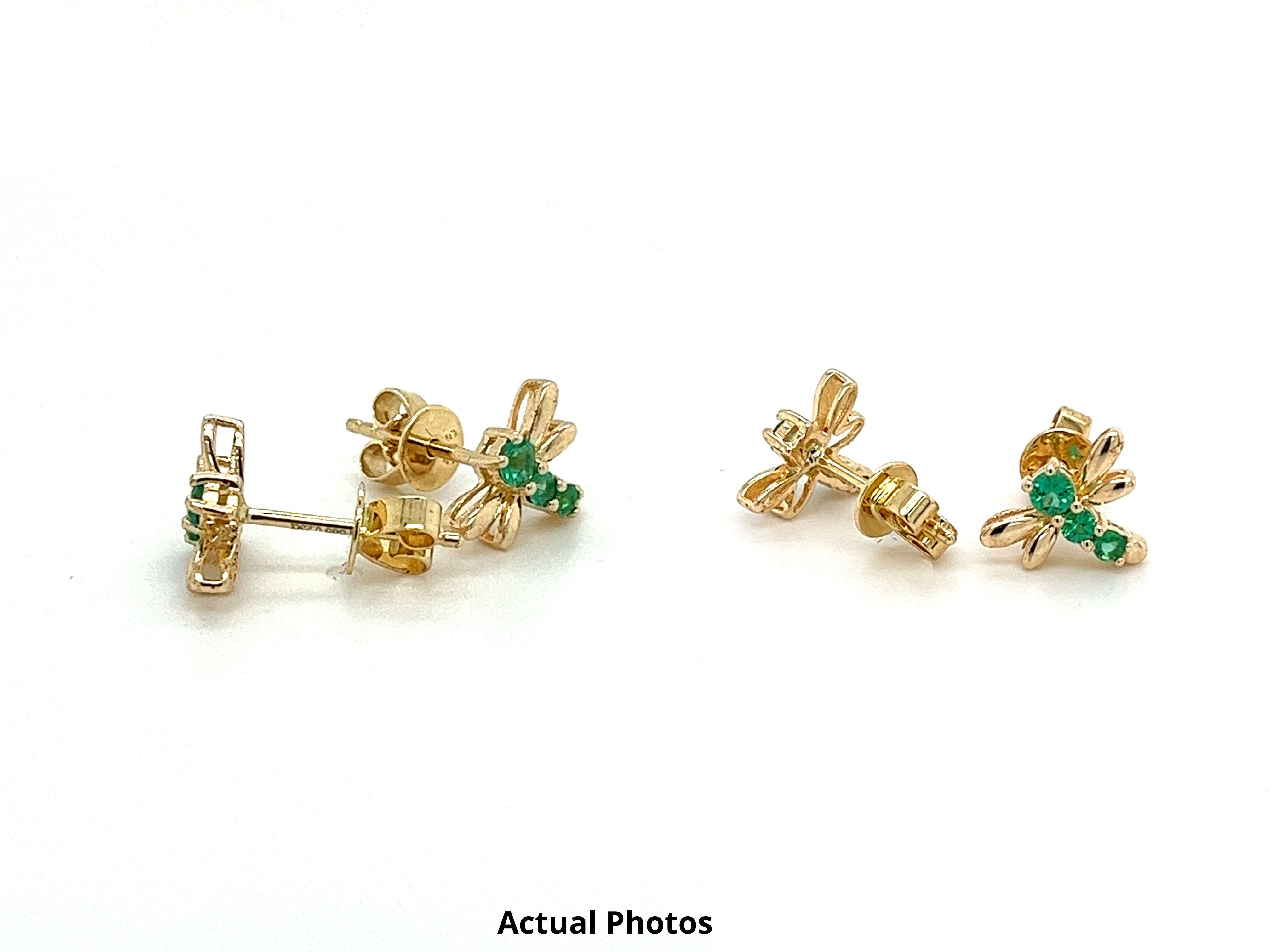 Modern Natural Emerald Dragonfly Stud Earrings in 14k Solid Yellow Gold For Sale