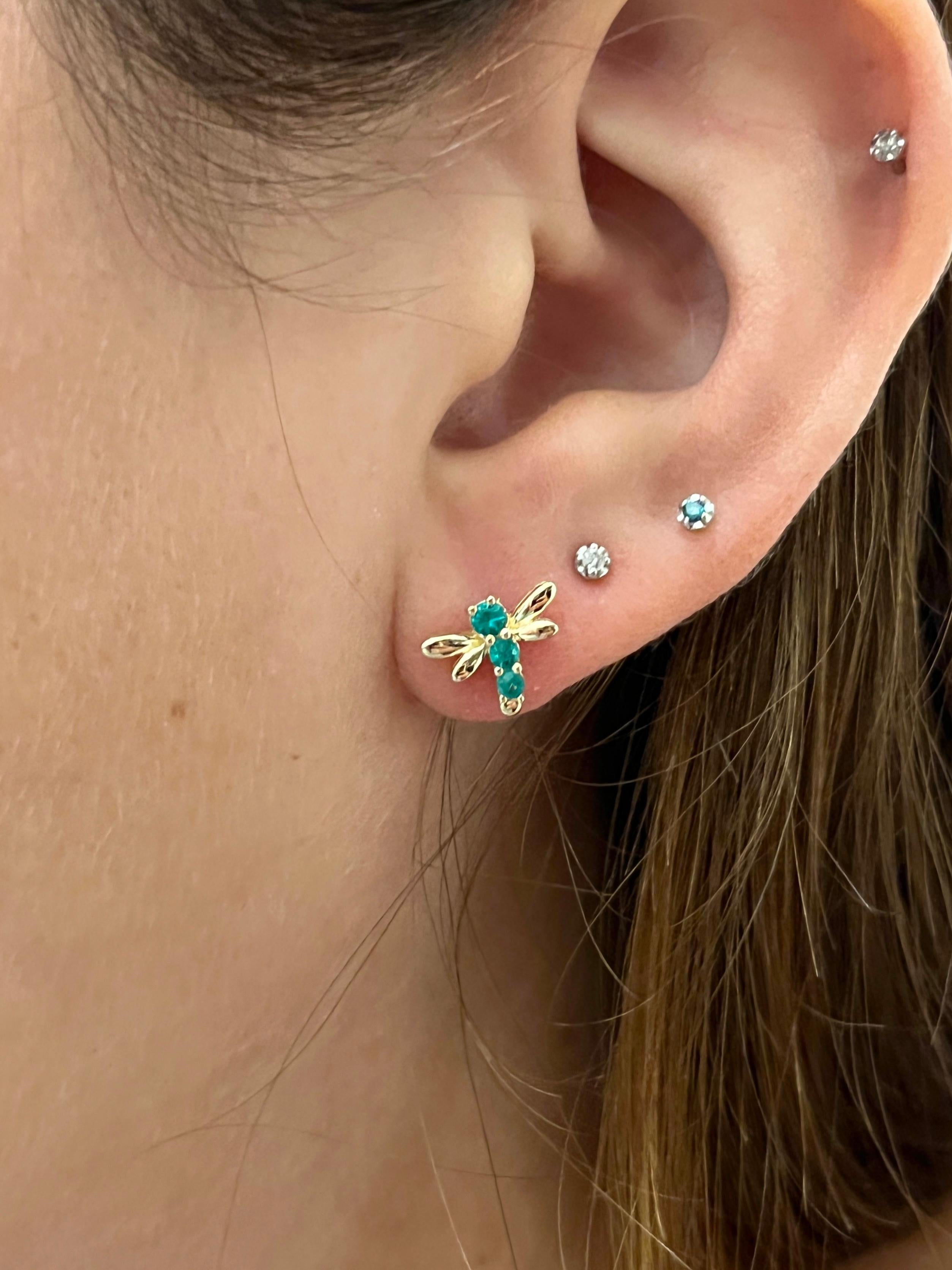 Natural Emerald Dragonfly Stud Earrings in 14k Solid Yellow Gold For Sale 1