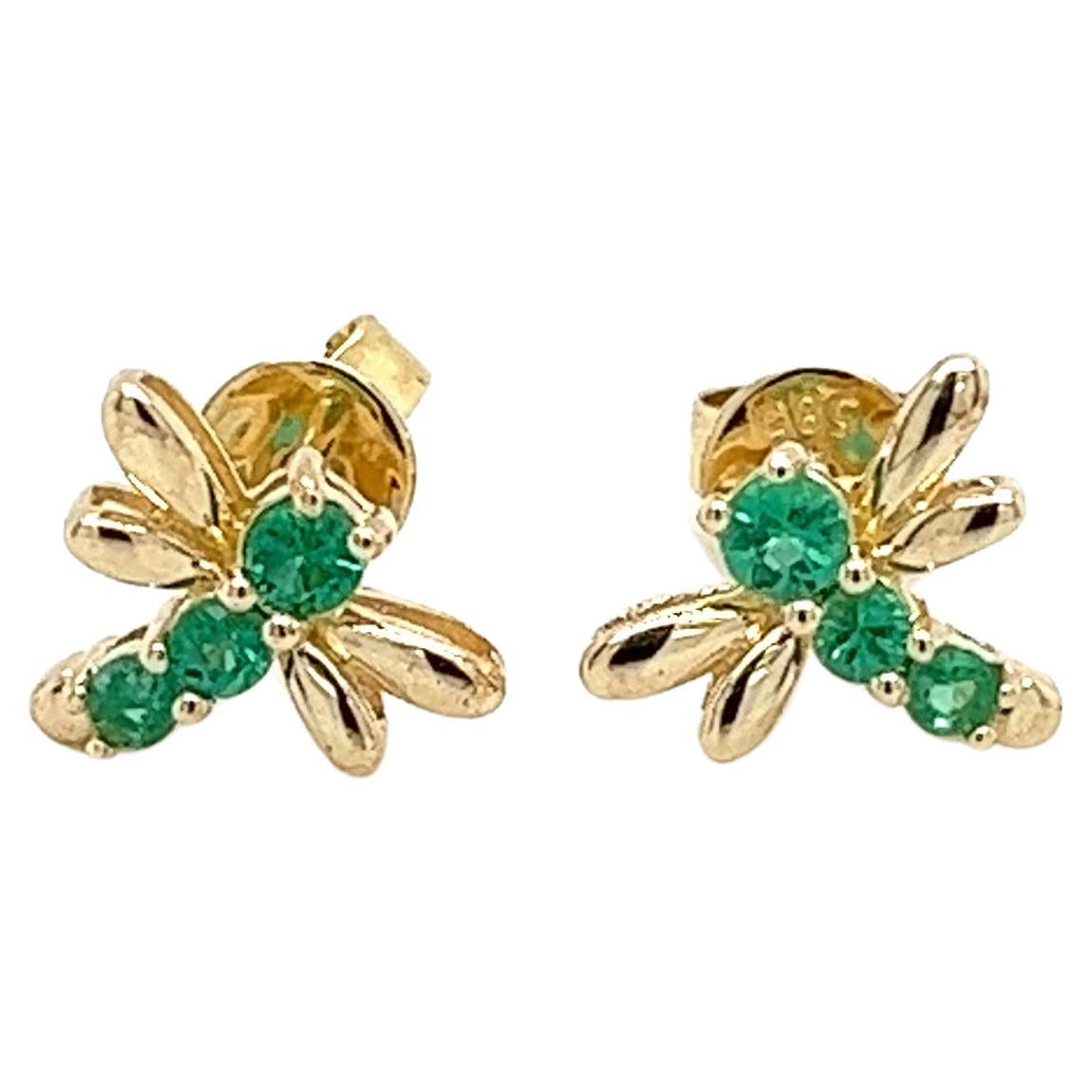 Natural Emerald Dragonfly Stud Earrings in 14k Solid Yellow Gold For Sale