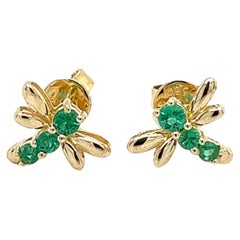 Natural Emerald Dragonfly Stud Earrings in 14k Solid Yellow Gold