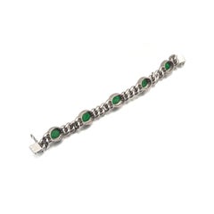 Natural Emerald Cabochon and Diamond Curb Link Bracelet, 18KT White Gold