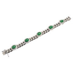 Natural Emerald Cabochon and Diamond Curb Link Bracelet, 18KT White Gold
