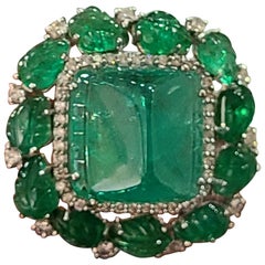 Natural Emerald Cabochon and Leaves Ring Set in 18 Karat Gold with Diamonds