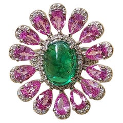 Natural Emerald Cabochon, Pink Sapphire and Diamond Ring Set in 18 Karat Gold