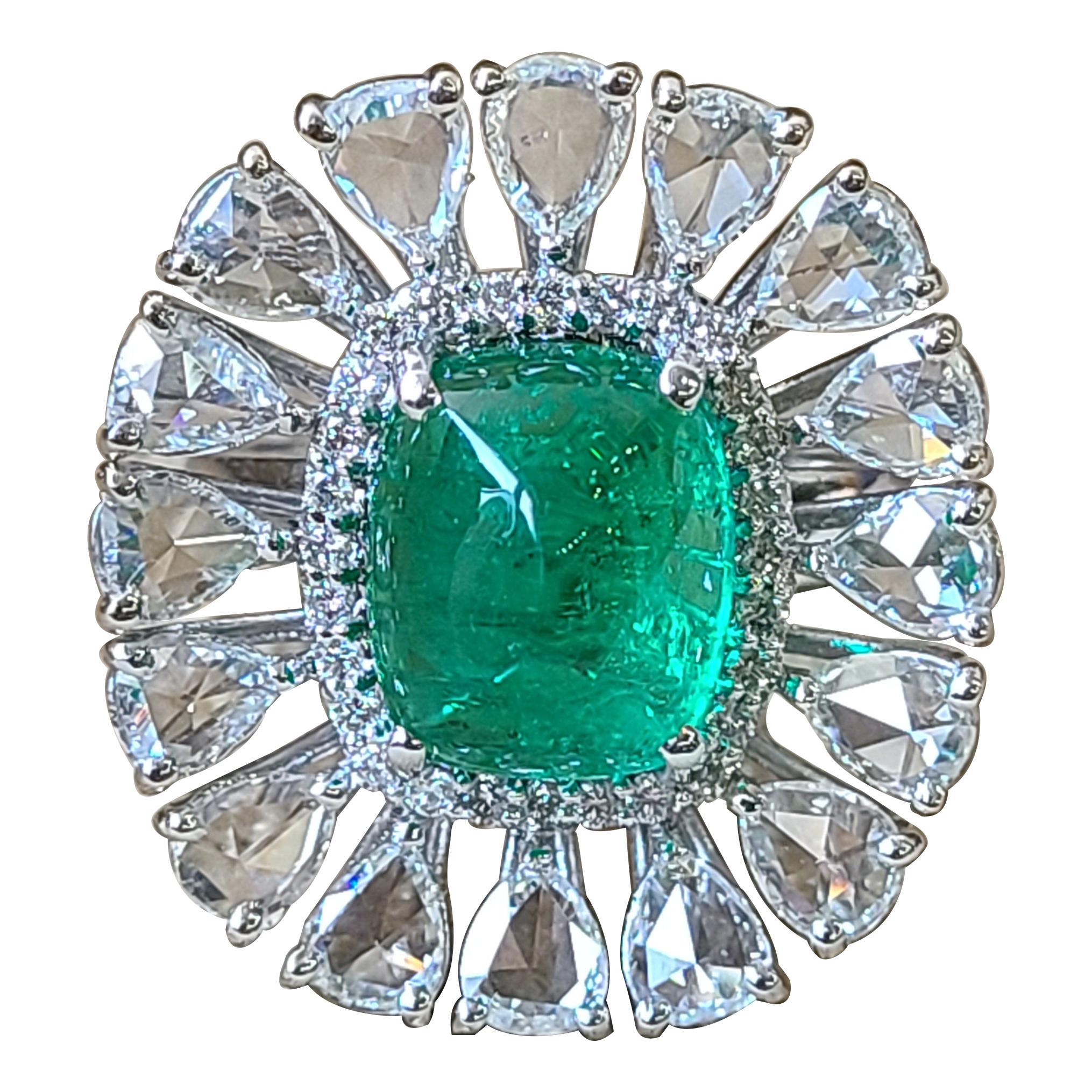 Natural Emerald Cabochon Ring Set in 18 Karat Gold with Rose Cut Diamonds