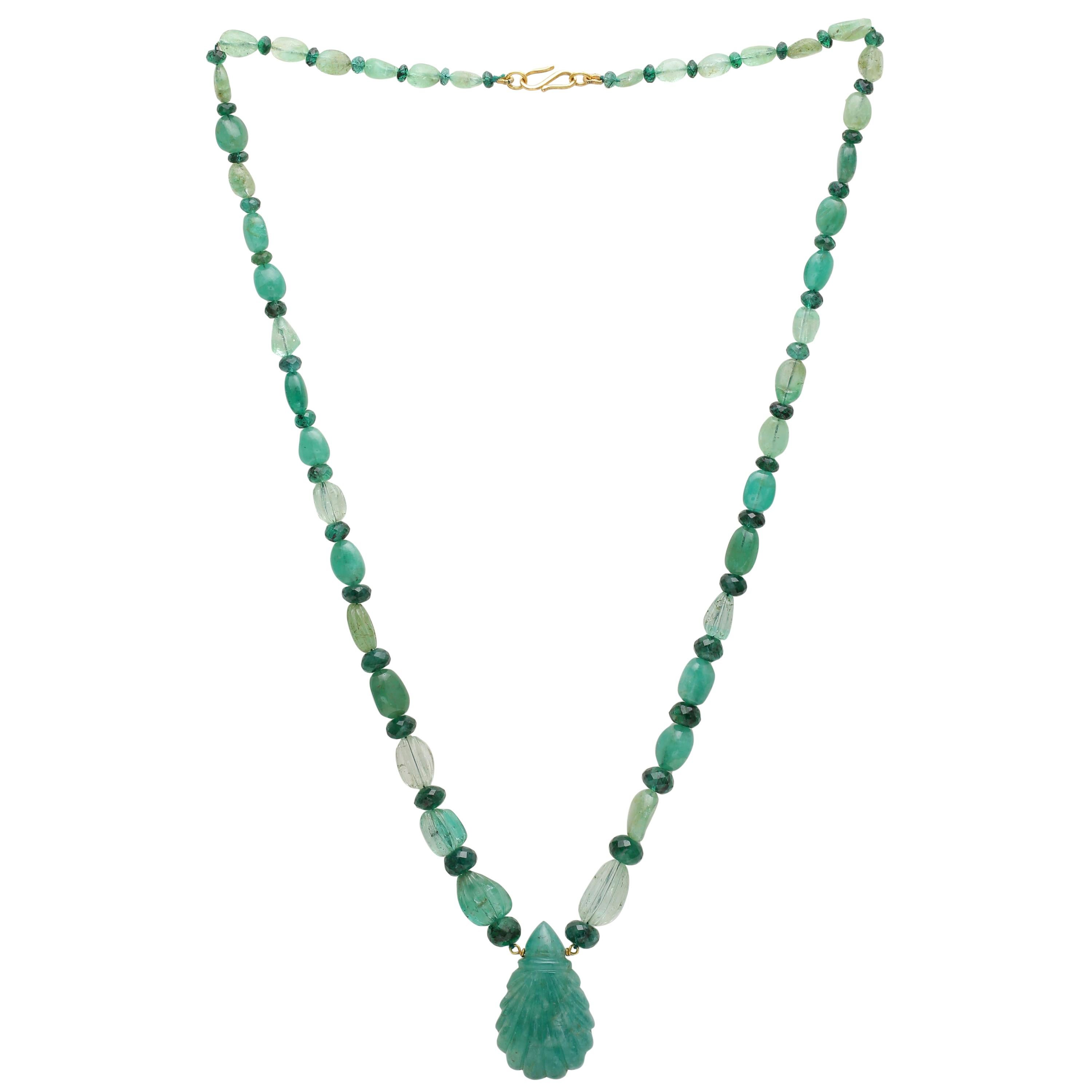 Natural Emerald Carved Beaded Necklace with 18 Karat Gold Clasp