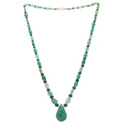 Natural Emerald Carved Beaded Necklace with 18 Karat Gold Clasp