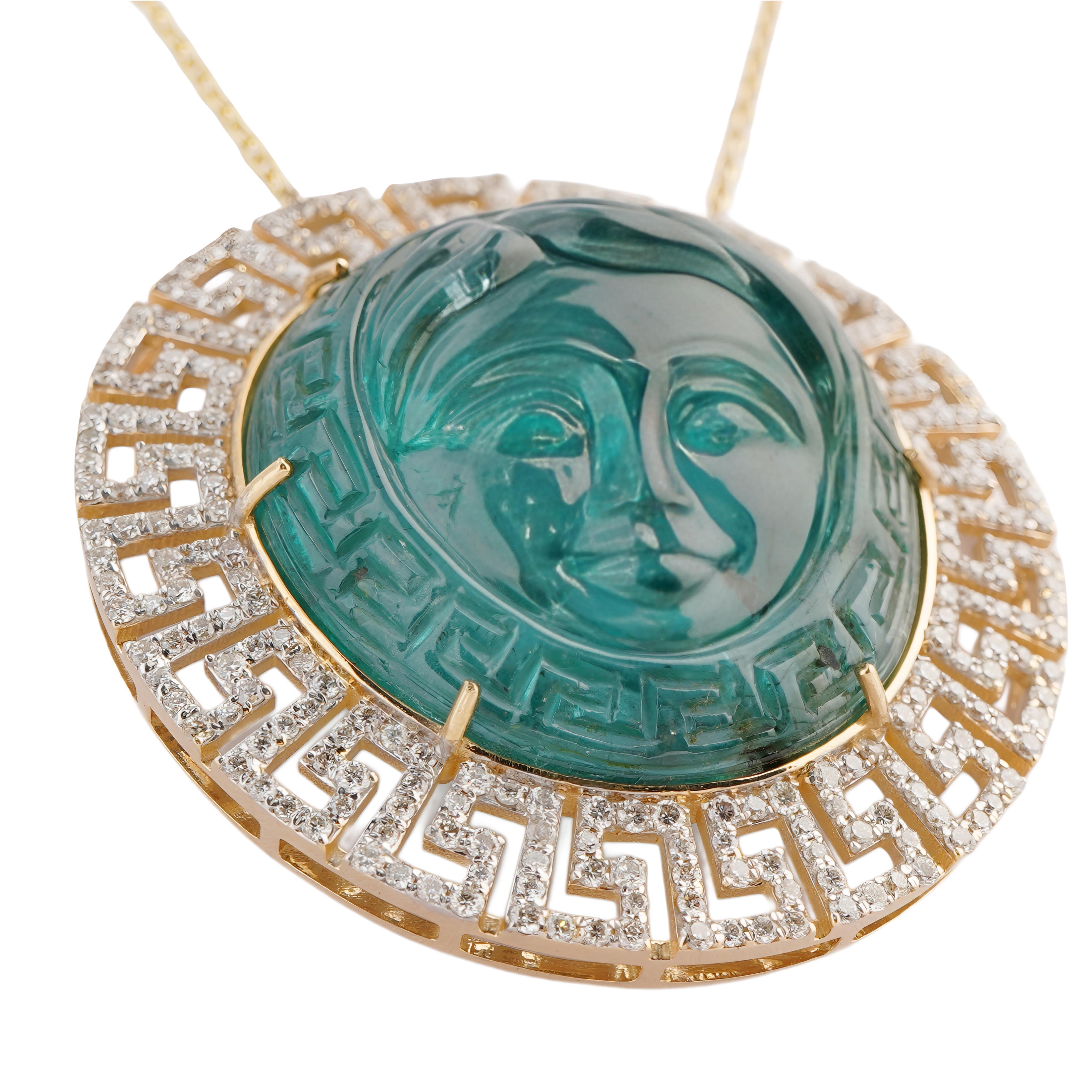 Natural emerald carving diamond pendant in 14k gold im Zustand „Neu“ im Angebot in jaipur, IN