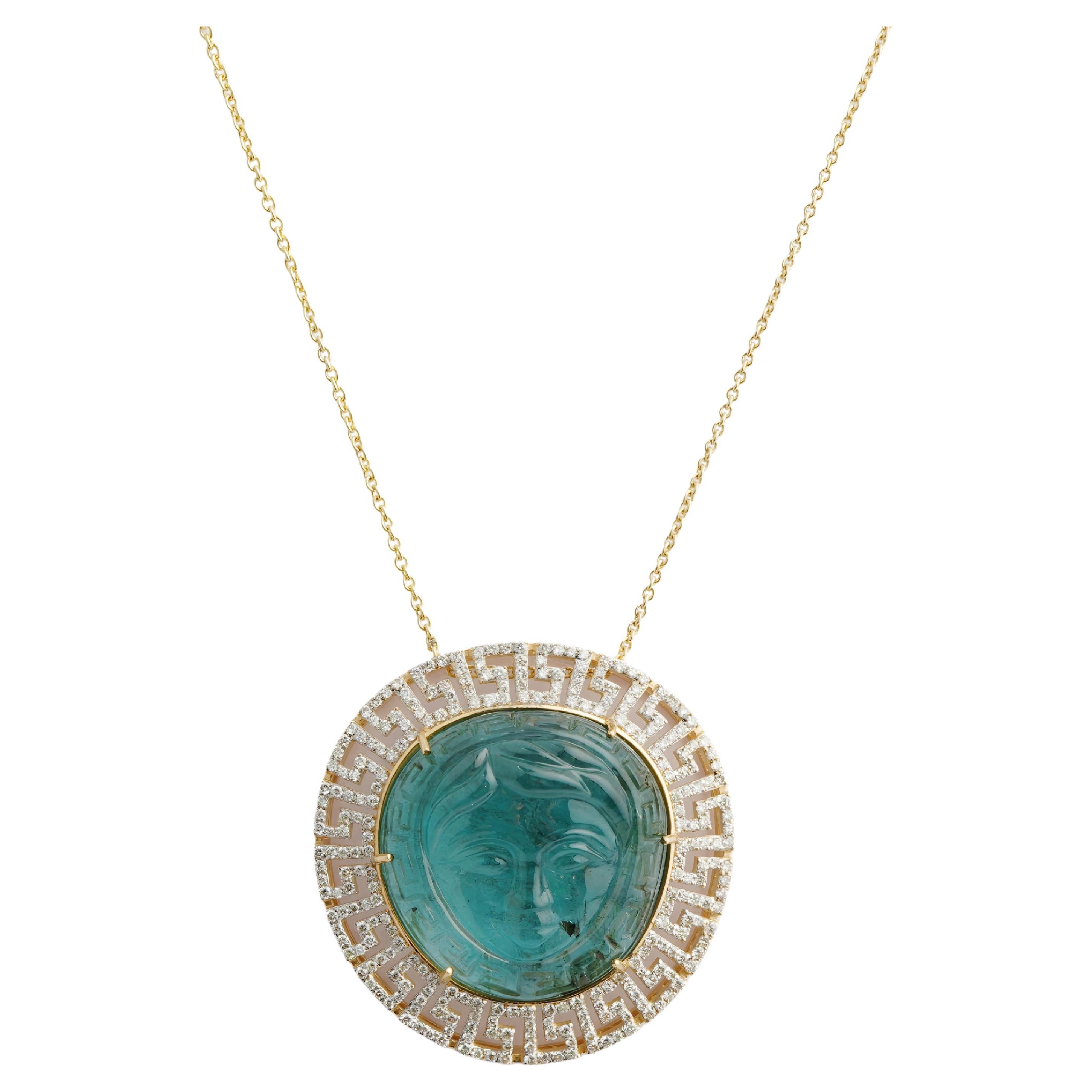 Natural emerald carving diamond pendant in 14k gold