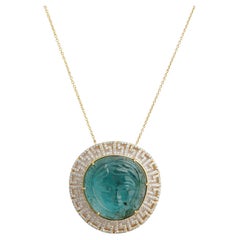 Natural emerald carving diamond pendant in 14k gold