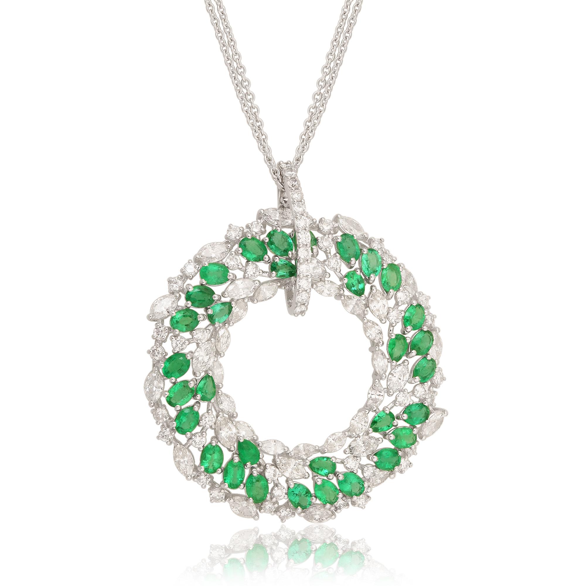 Oval Cut Natural Emerald Circle Pendant Diamond Necklace 14 Karat White Gold Fine Jewelry For Sale