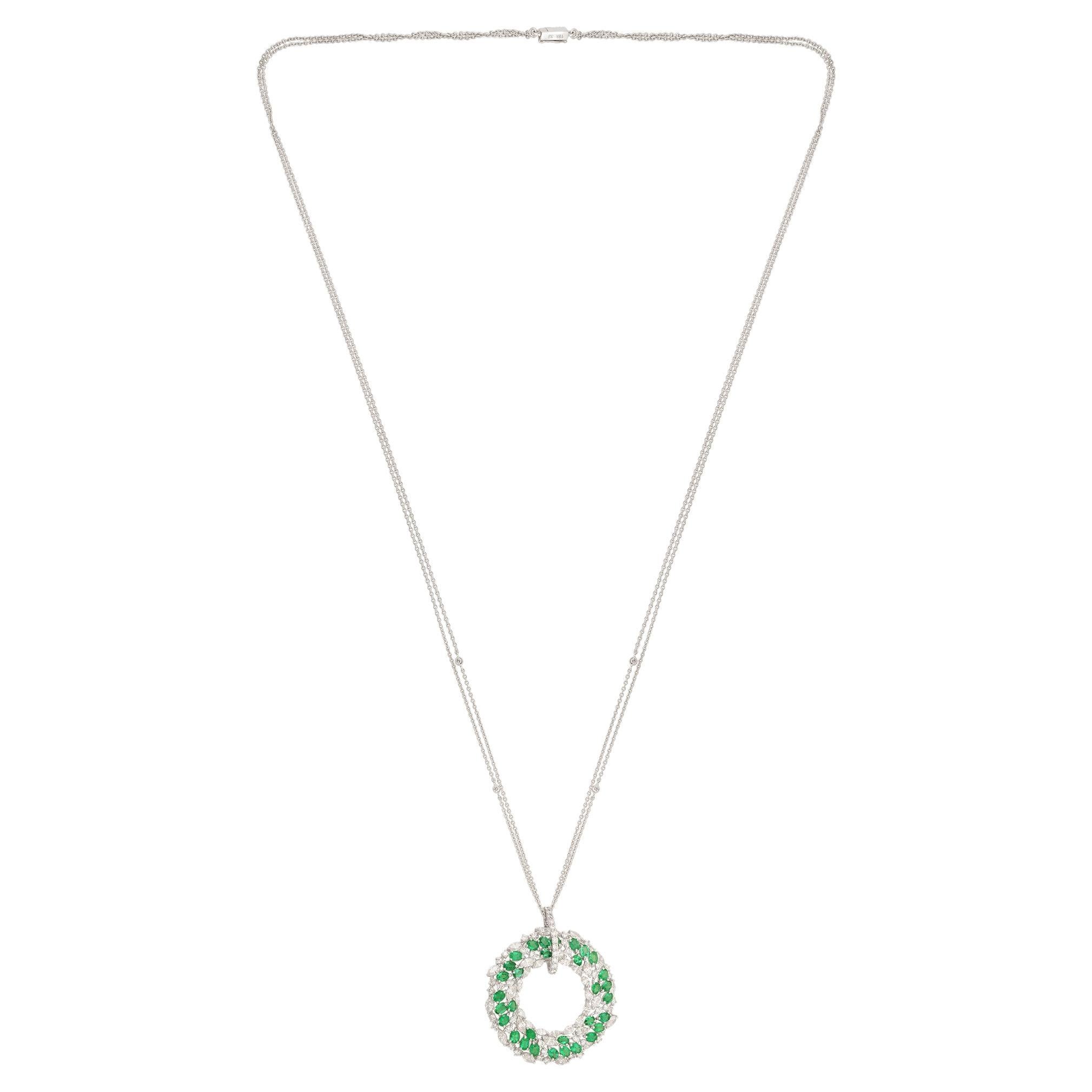 Natural Emerald Circle Pendant Diamond Necklace 14 Karat White Gold Fine Jewelry