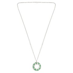 Natural Emerald Circle Pendant Diamond Necklace 14 Karat White Gold Fine Jewelry