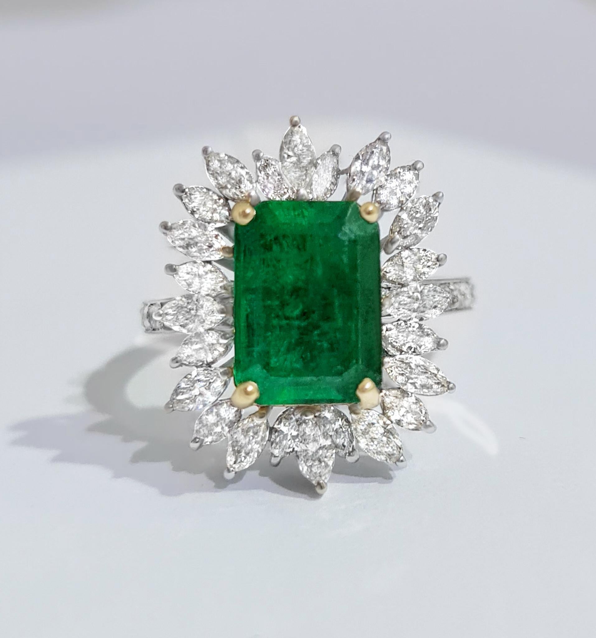 Emerald Cut Natural Emerald Cocktail Ring Marquise Diamond Halo 4.75 Carats 18K Gold For Sale
