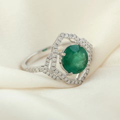 Natural Emerald Cocktail Ring With Halo Diamonds Made In 18K White Gold