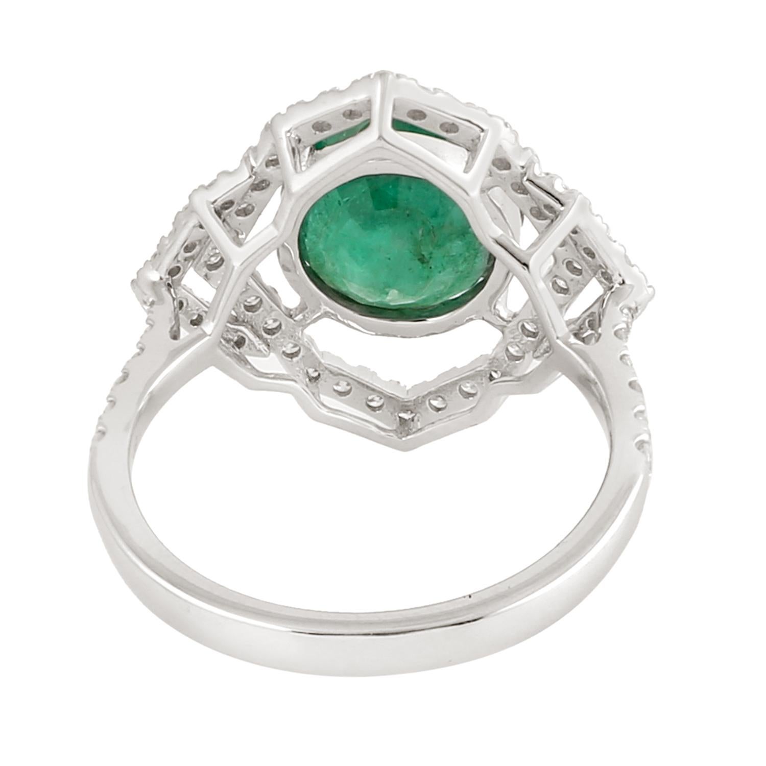 Artisan Natural Emerald Cocktail Ring With Halo Diamonds Made In 18K White Gold For Sale