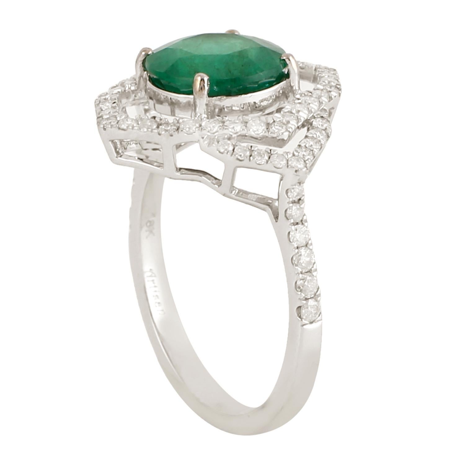 Mixed Cut Natural Emerald Cocktail Ring With Halo Diamonds Made In 18K White Gold For Sale