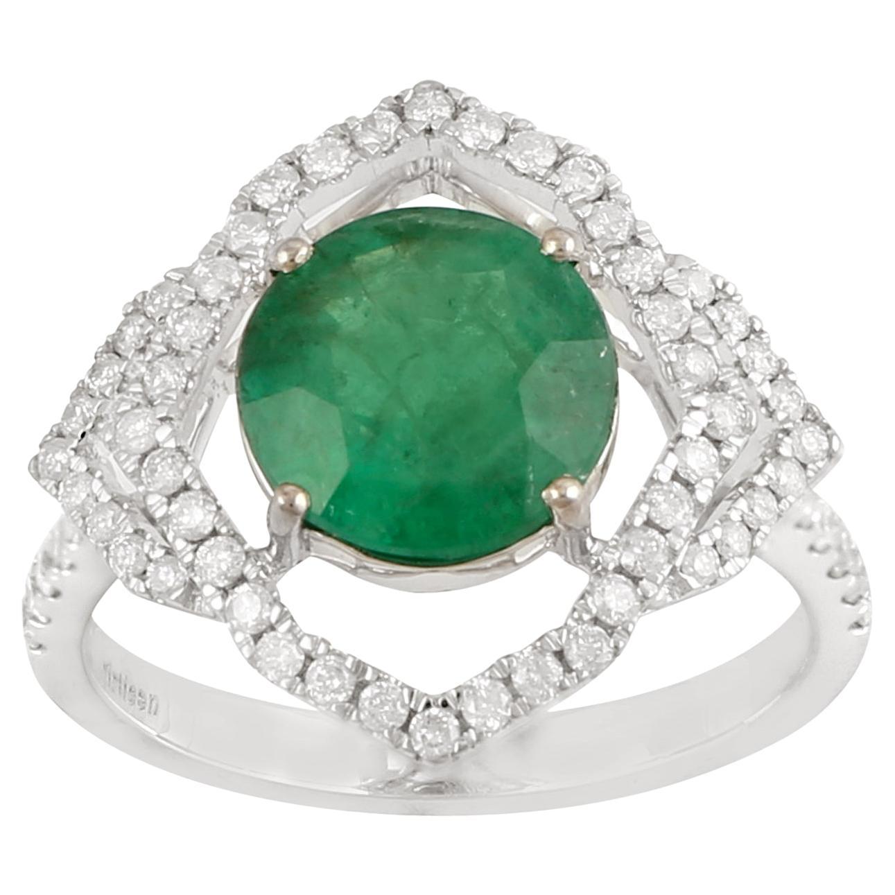 Natural Emerald Cocktail Ring With Halo Diamonds Made In 18K White Gold For Sale