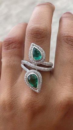 Natural Emerald Cocktail Women Ring with Diamonds in 14k Solid White Gold