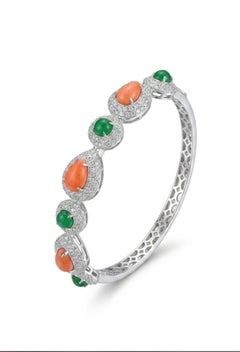 Natural Emerald, Coral & Diamond Bracelet in 18k Gold