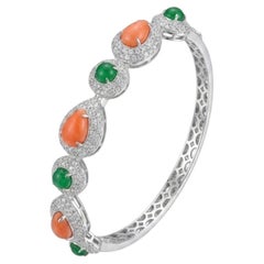 Natural Emerald, Coral & Diamond Bracelet in 18k Gold