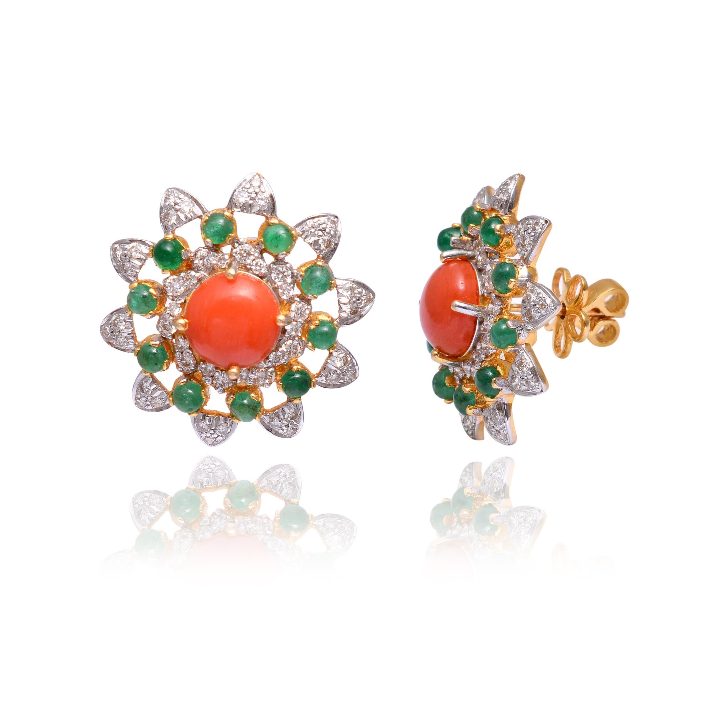 This is a natural Emerald  & Coral Earring with Diamond in 18k gold. The Emerald are very high quality and very good quality diamonds the clarity is vsi and G colour

Emerald : 1.75 carats
Coral : 2.95 carats
Diamond : 1.15 carats
gold