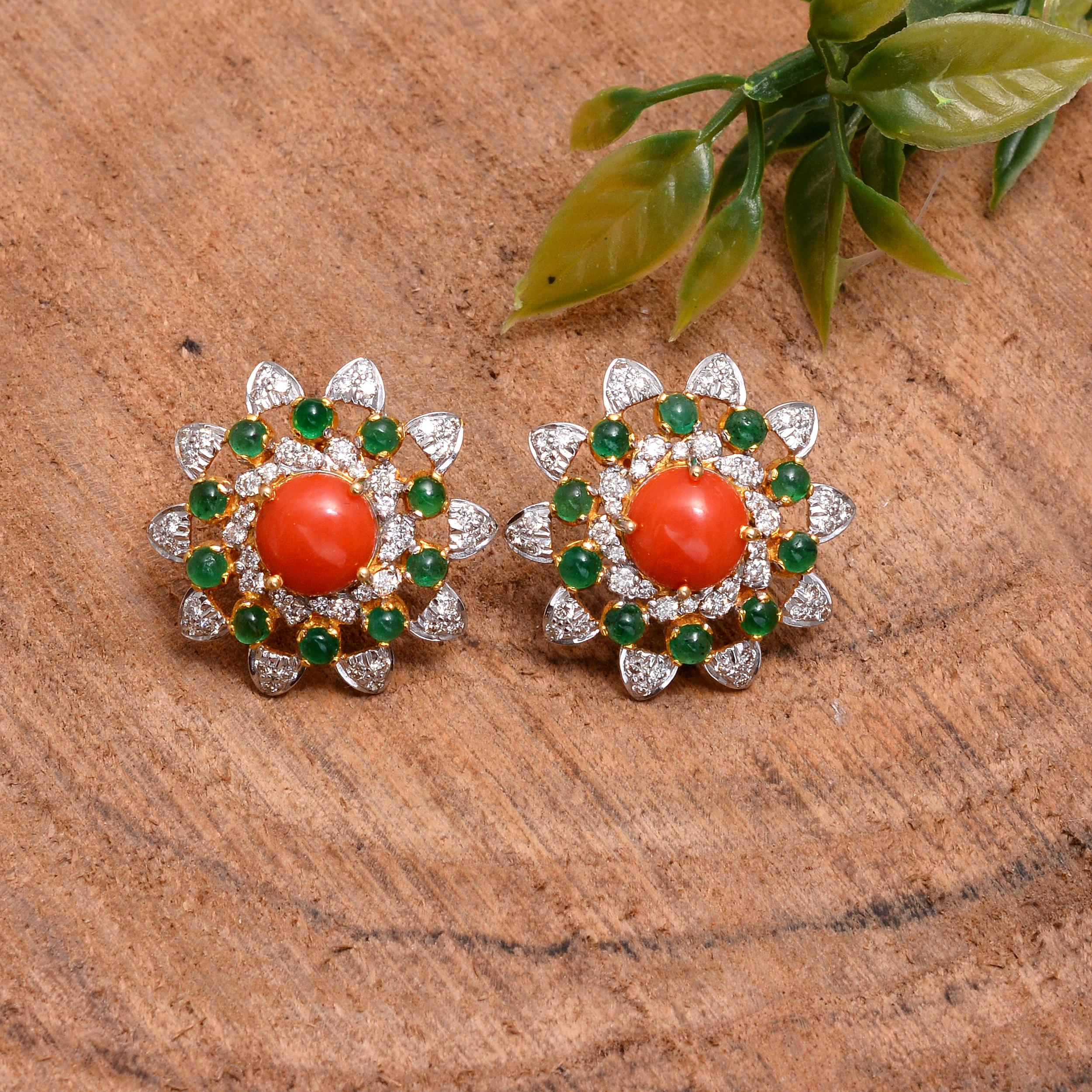 Mixed Cut Natural emerald & Coral earring with diamond 1.15cts in 18k gold For Sale
