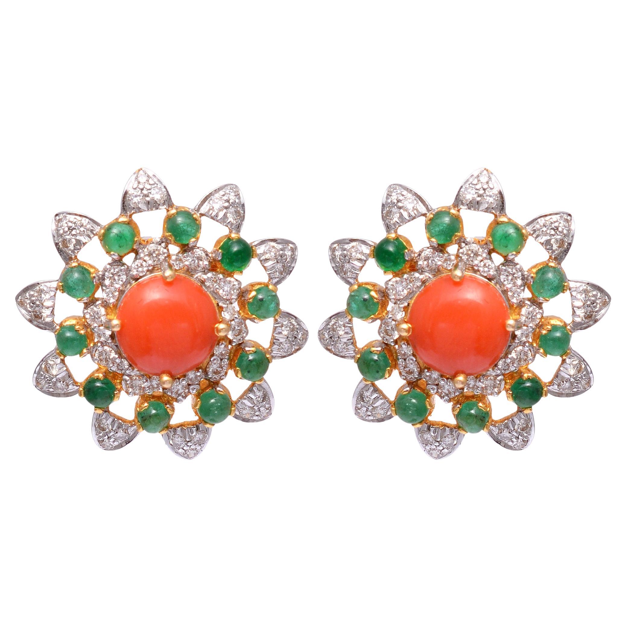 Natural emerald & Coral earring with diamond 1.15cts in 18k gold For Sale