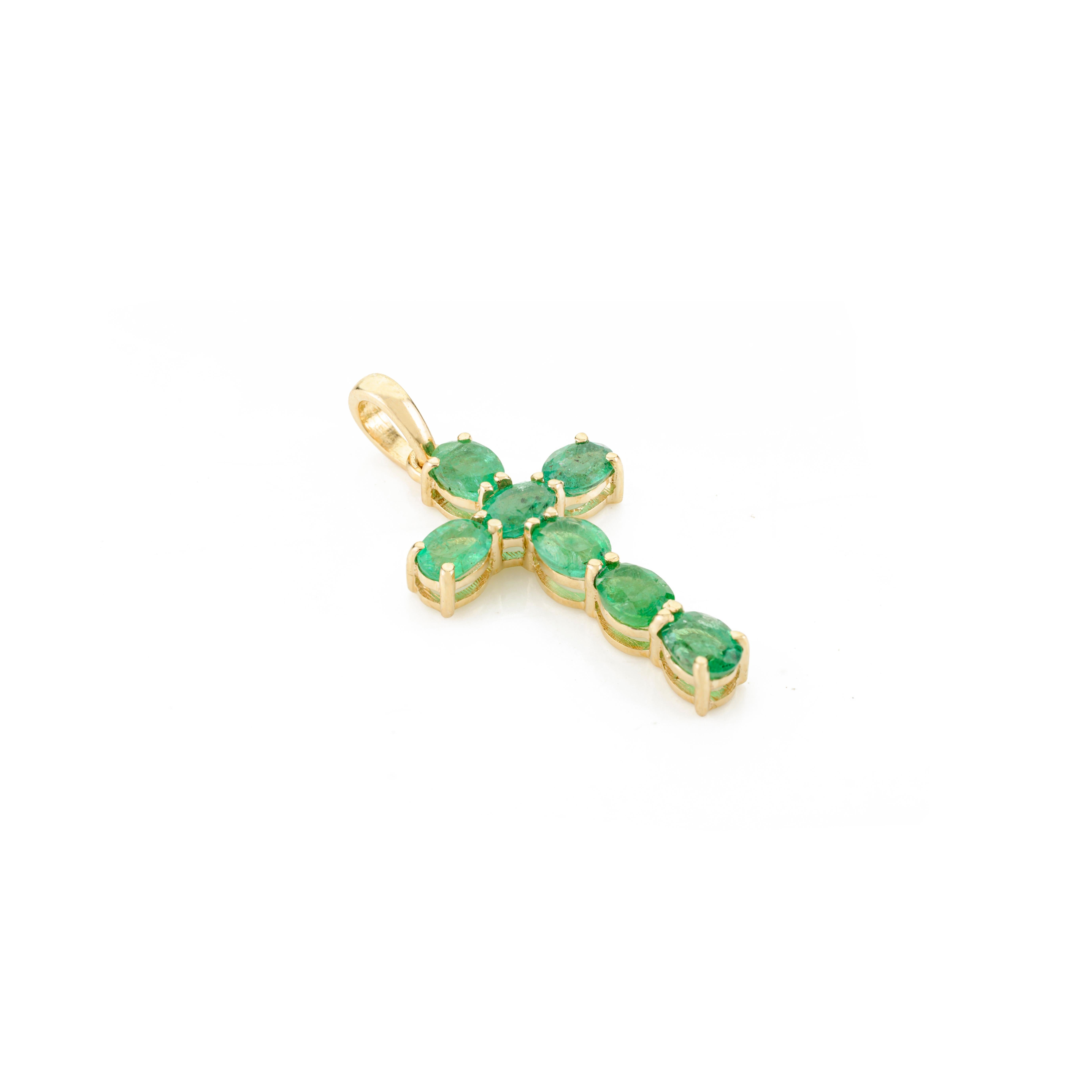 Round Cut Natural Emerald Cross Pendant for Womens in 14k Yellow Gold, Thanksgiving Gift For Sale