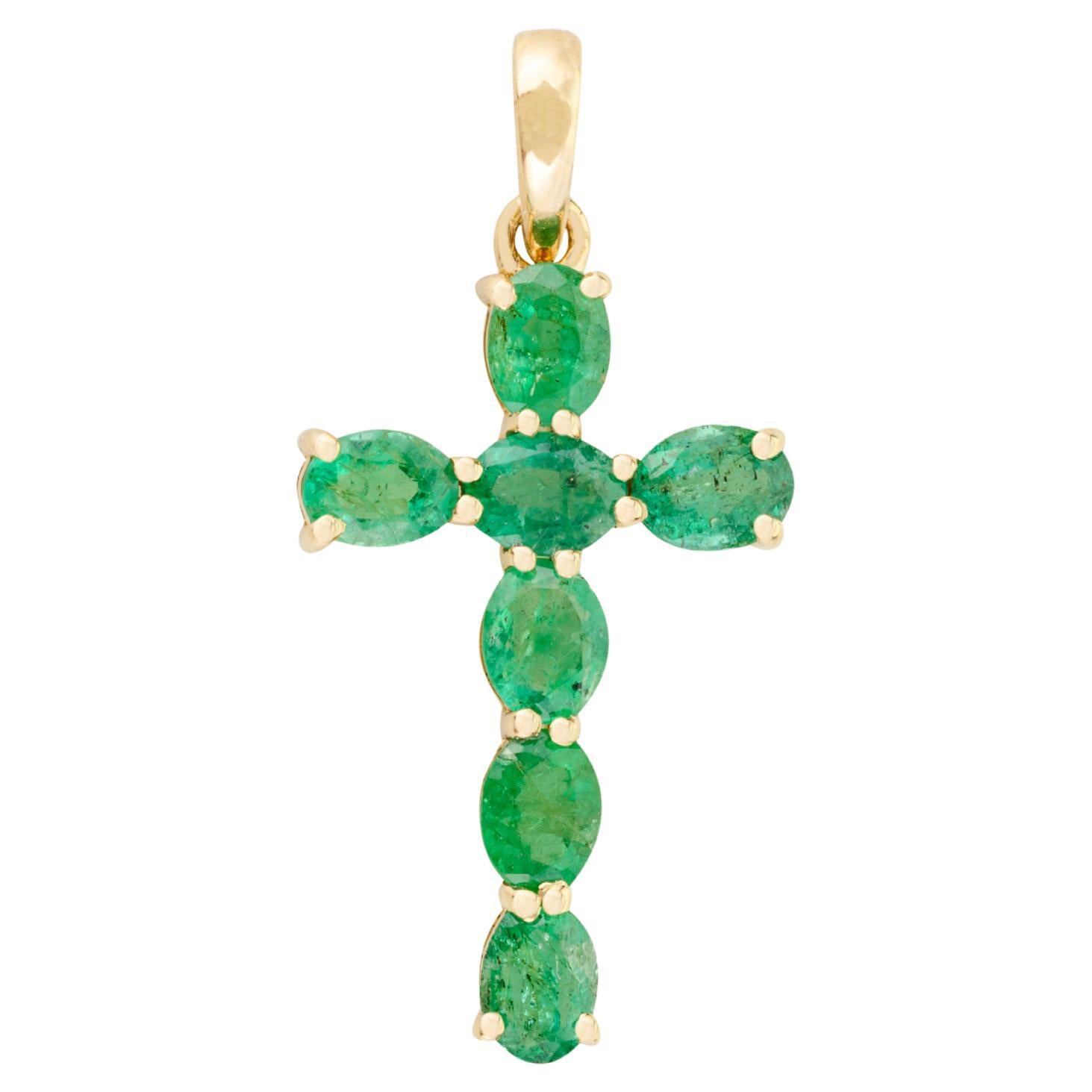Natural Emerald Cross Pendant for Womens in 14k Yellow Gold, Thanksgiving Gift