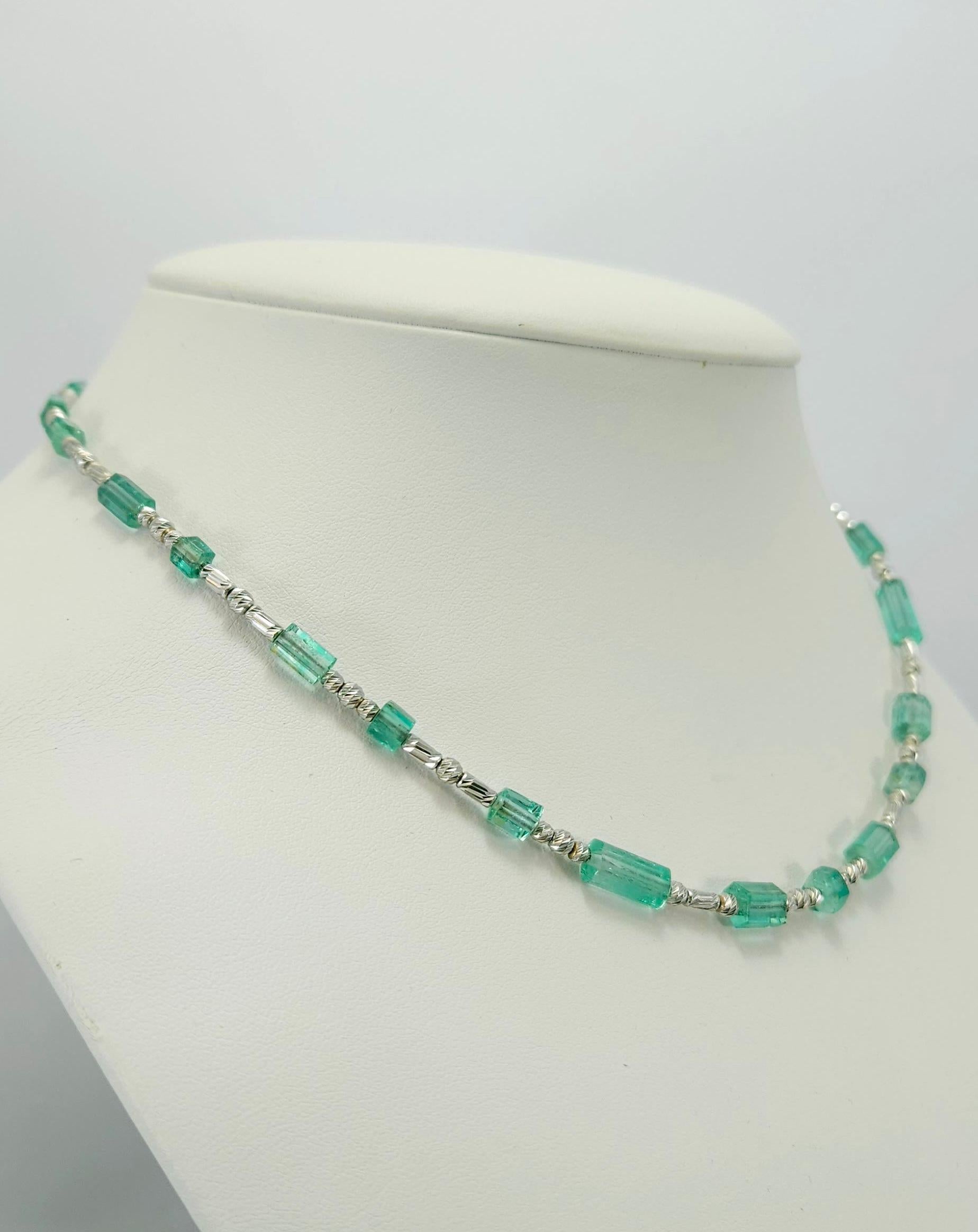 Arts and Crafts Natural Emerald Crystal Bead Necklace with 18 Carat White Gold For Sale