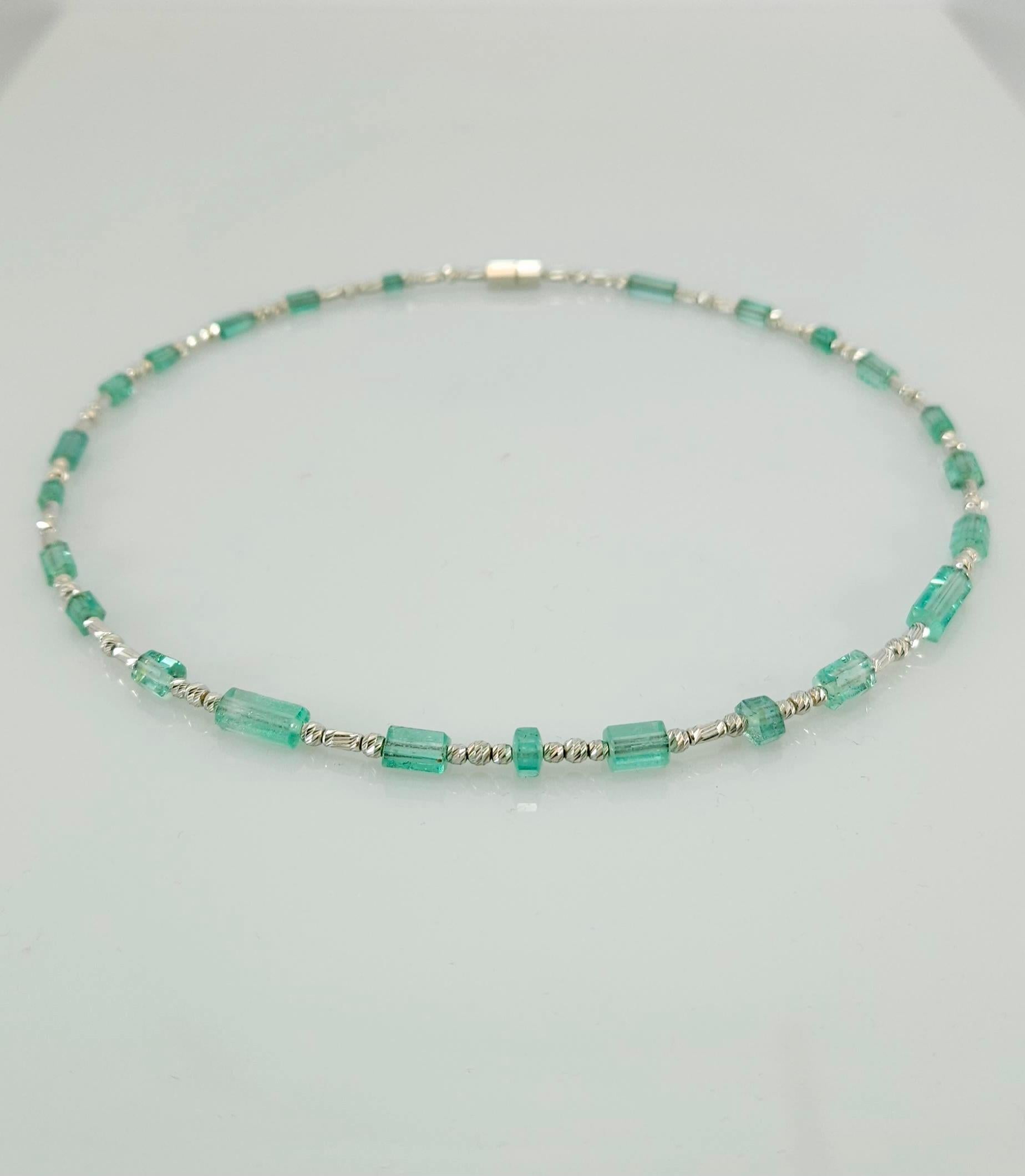 Women's or Men's Natural Emerald Crystal Bead Necklace with 18 Carat White Gold For Sale