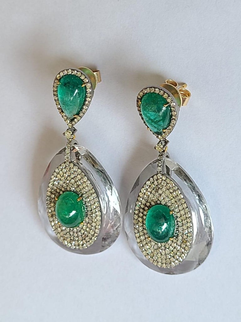 A very gorgeous and one of a kind, Emerald & Crystal Art Deco Style, Victorian Dangle Earring set in 14K Gold & 925 Silver. The weight of the Emerald cabochons is 9.23 carats. The Emeralds are completely natural, without any treatment and is of