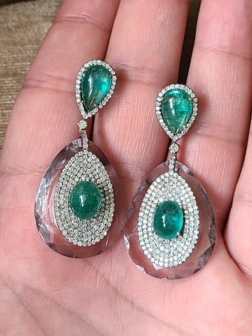 Natural, Emerald, Crystal & Diamonds Art, Deco Style, Victorian Dangle Earring In New Condition For Sale In Hong Kong, HK