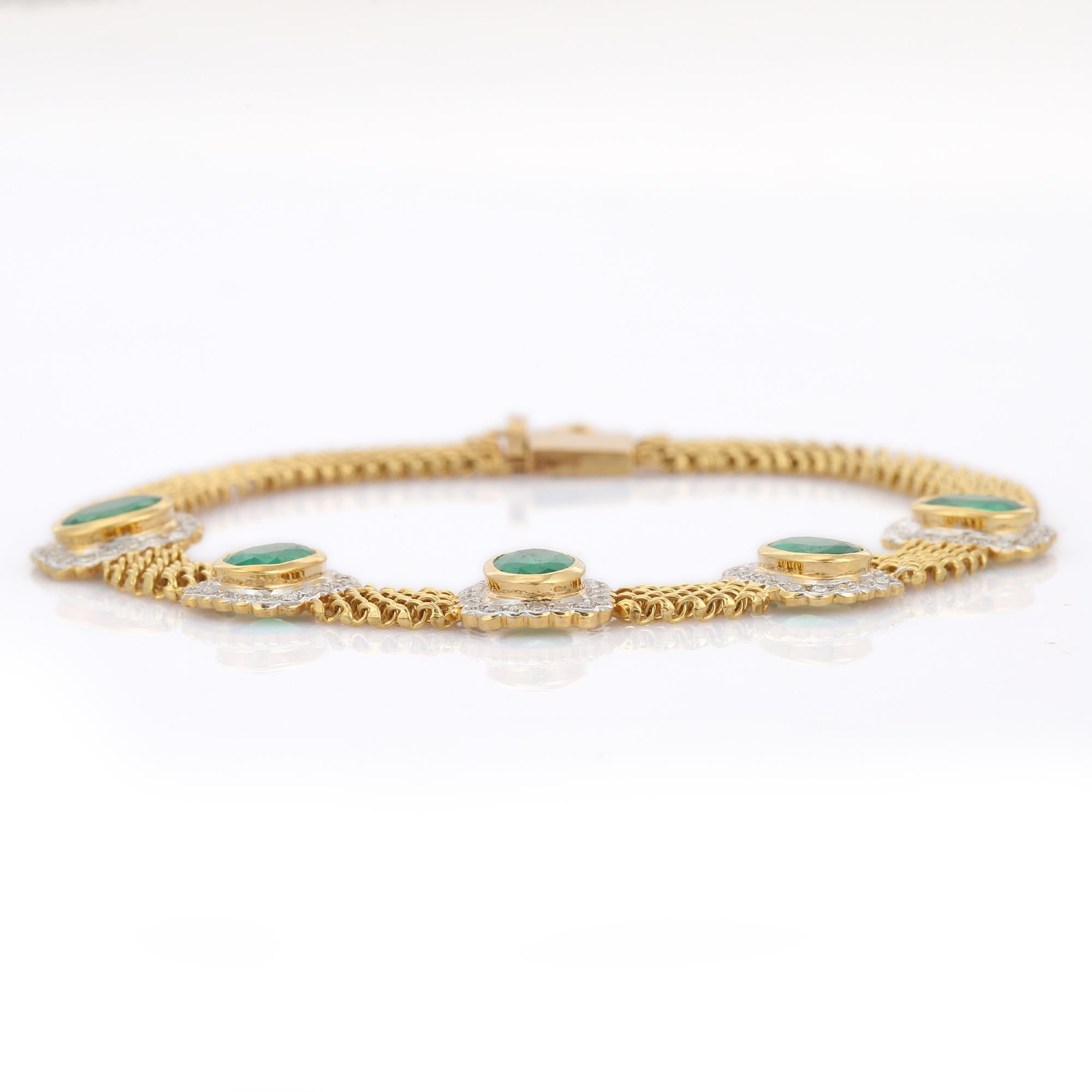Emerald bracelet in 18K Gold. It has a perfect oval cut gemstone studded with diamonds to make you stand out on any occasion or an event. 
A cuff bracelet is an essential piece of jewelry when it comes to your wedding day. The elegant style