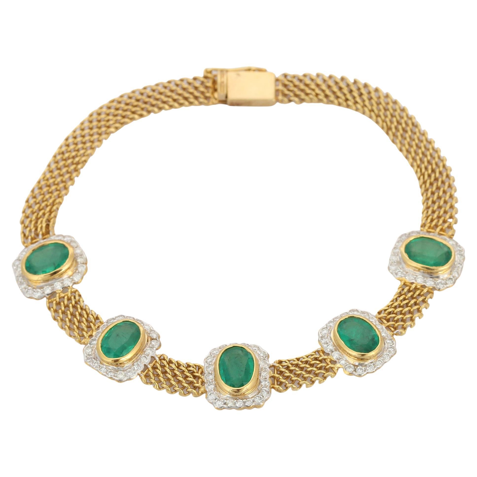 Natural Emerald Cuff Bracelet in 18K Yellow Gold with Halo of Diamonds