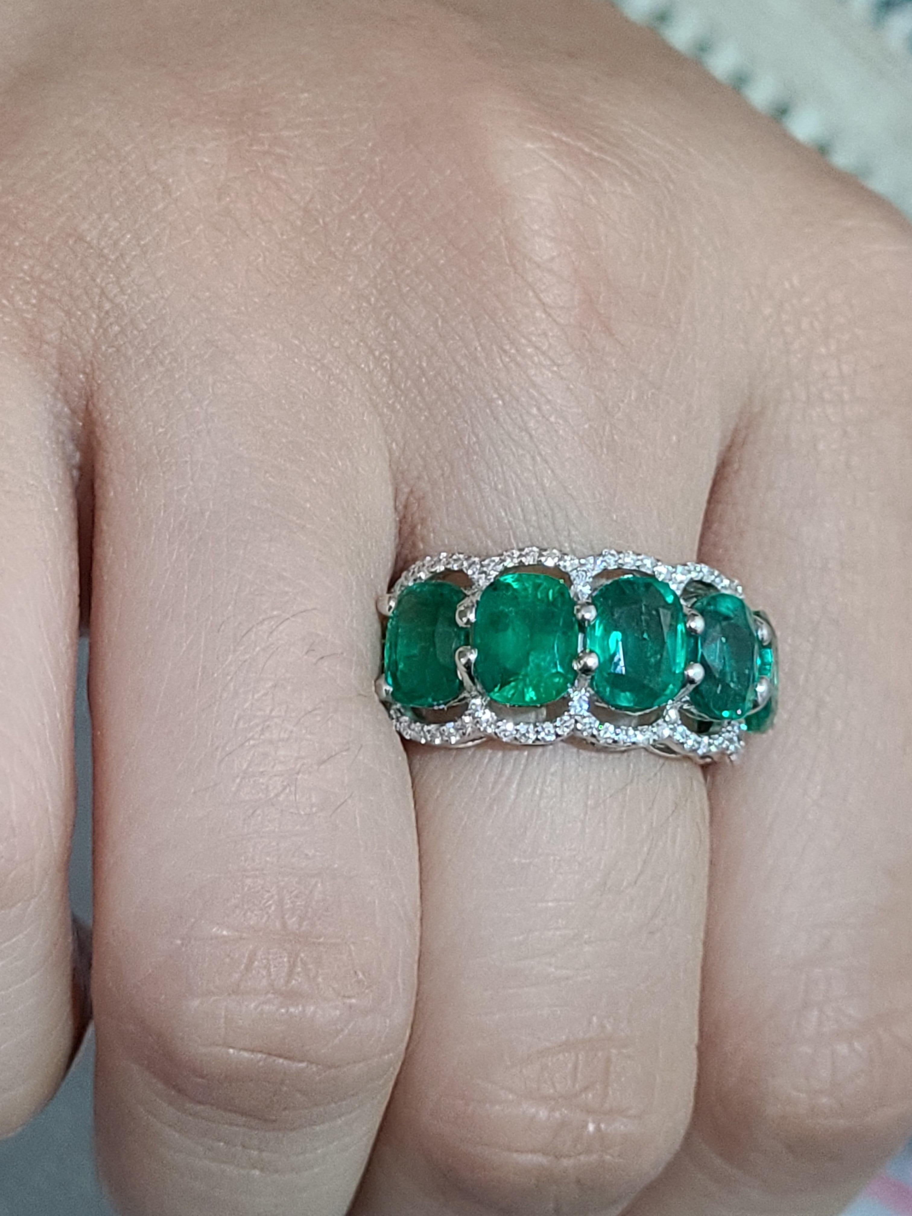 Cushion Cut Natural Emerald Cushion Ring Set in 18 Karat Gold with Diamonds