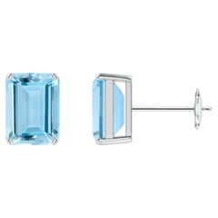 Pendientes de botón solitarios con aguamarina natural de 2,7 ct con corte esmeralda, en oro macizo de 14K